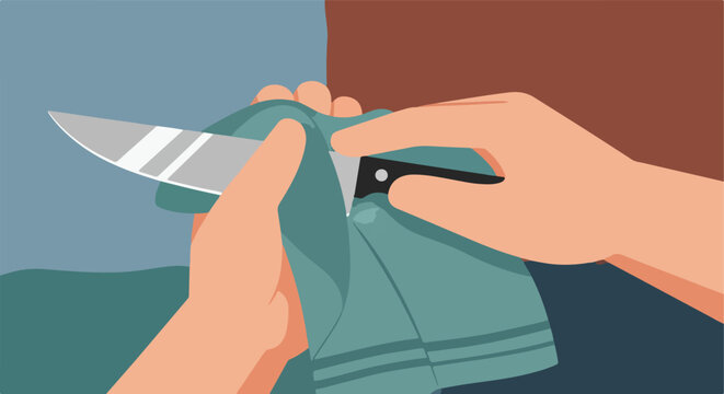 Close-up of hands wiping a sharp knife blade with a teal cloth, cleaning