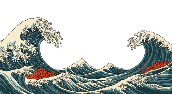 Japanese wave, ocean wave, sea wave, vector wave, tsunami wave, large wave, wave crash, blue wave, white wave, red boat