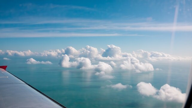 Aerial cloudscape view from airplane window above ocean with blue sky background