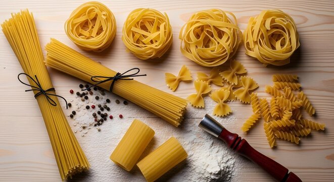 Assorted types of dry Italian pasta on light wooden background with spices.