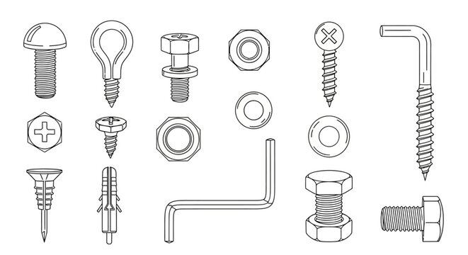 Industrial hardware icons, 16 screw and bolt illustrations, black and white line art, engineering tools, mechanical parts set