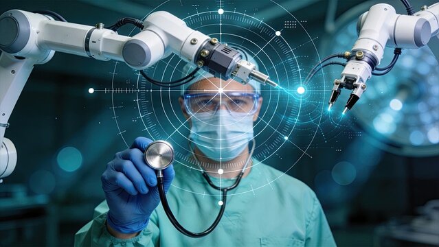 Surgeon performing robotic surgery with advanced medical arms, futuristic healthcare technology, precision medicine, minimally invasive procedure, operating room, doctor with