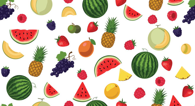 Pixel art style seamless pattern with colorful various fruits including watermelon, pineapple, grapes, and berries on white.