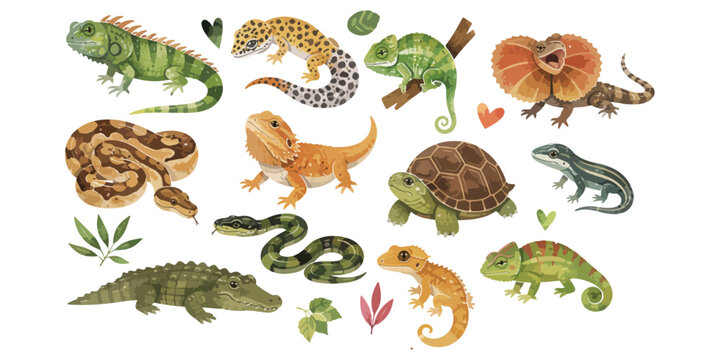 Watercolor Cute Reptiles Clipart Collection: Exotic Pets Lizards Set