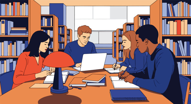 Diverse students studying in a library, one on laptop, three writing at a table