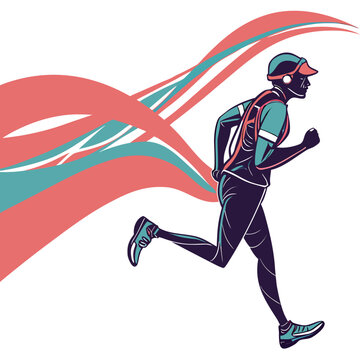 Stylized marathon runner graphic with dynamic waves and sports gear illustration, marathon