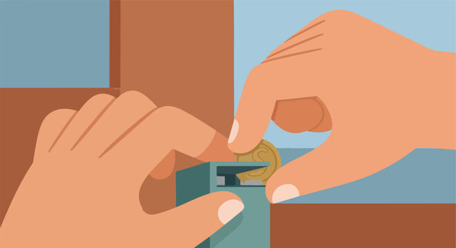 Two hands inserting a gold coin into a teal slot machine, showing financial transaction