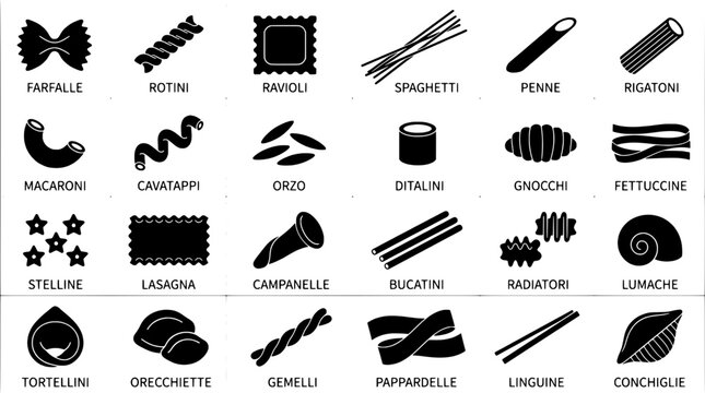 Pasta icons set featuring different shapes with minimal black line art on white background featuring Italian food, spaghetti, penne with rigatoni and