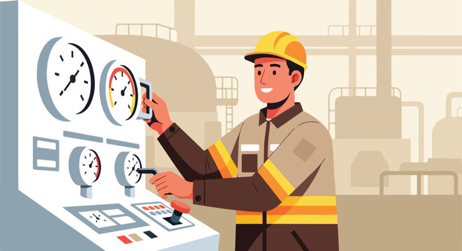 Smiling technician in hard hat operating an industrial control panel with gauges and levers