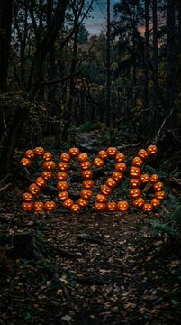 2026 made from glowing jack o lanterns in dark forest. Halloween spooky new year concept.