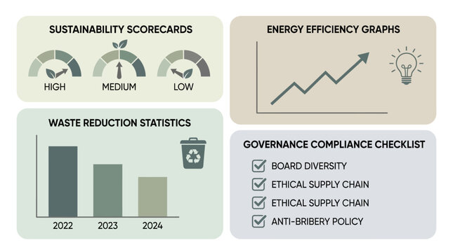 Infographic displaying sustainability scorecards, energy efficiency graphs, waste reduction statistics, and governance compliance checklist.