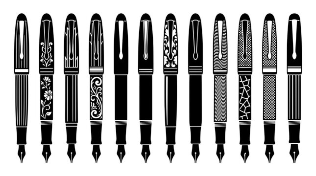 Pens fountain set with intricate designs and patterns in black and white featuring writing instruments, calligraphy, stationery with artistic and