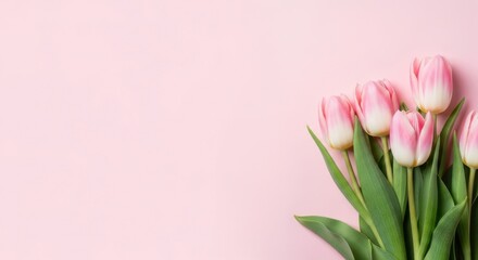 Fototapeta premium Beautiful pink tulips on a soft pastel pink background.