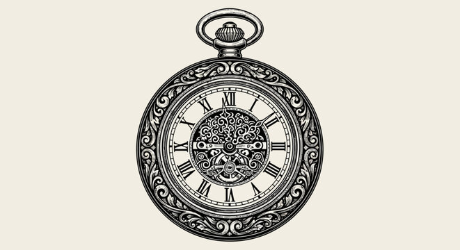 Vintage pocket watch, antique clock, ornate timepiece, black and white illustration