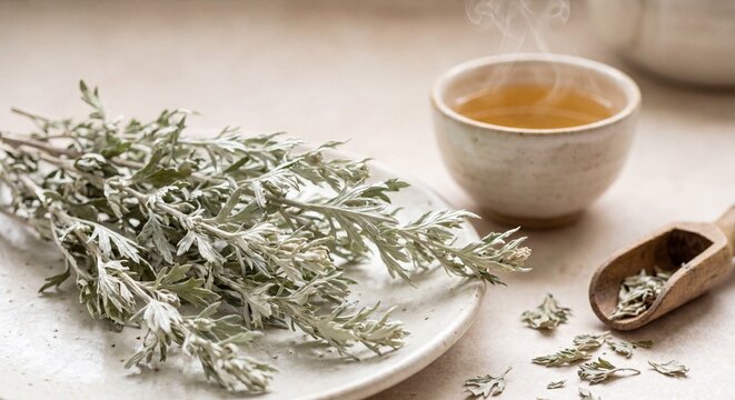 A bunch of dried wormwood sprigs on a ceramic plate next to a steaming cup of warm herbal tea drink.