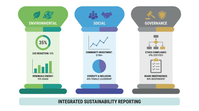 Infographic illustrating the three pillars of Integrated Sustainability Reporting: Environmental, Social, and Governance (ESG) with key metrics.