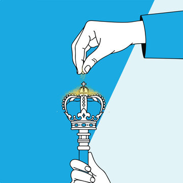 Hands bestow golden dust upon a crowned scepter, symbolizing investiture or blessing
