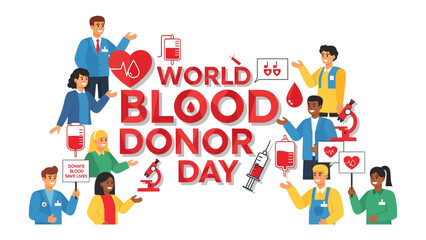 Fototapeta premium World Blood Donor Day Celebration: People from diverse backgrounds come together to celebrate World Blood Donor Day, promoting the importance of blood donation with various icons like hearts.