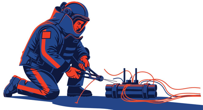 Kneeling bomb squad officer in protective suit cuts a wire on an explosive device