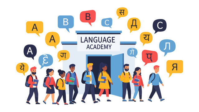 Language Academy Entrance: Diverse students with backpacks approach a building labeled Language Academy, surrounded by speech bubbles containing various letters and characters.