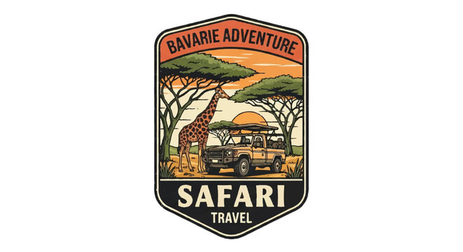 Vintage safari travel badge with giraffe and jeep illustration.