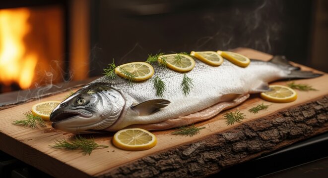 A whole silver salmon fish resting on a rustic cedar plank with fresh lemon slices and dill, prepared for roasting in a warm and cinematic kitchen setting, highlighting a gourmet culinary style.