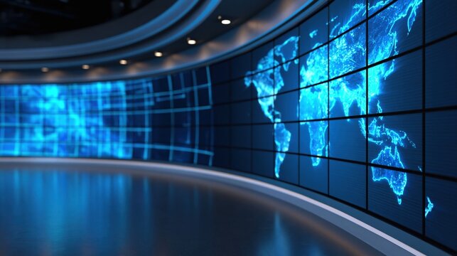News studio background with a digital world map for a modern television broadcast