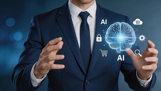 Digital brain with artificial intelligence icons representing cloud computing, e-commerce, security and search technology for smart business solutions and global connectivity