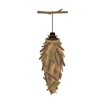 Bagworm Moth Larva in Camouflaged Case Hanging from Branch