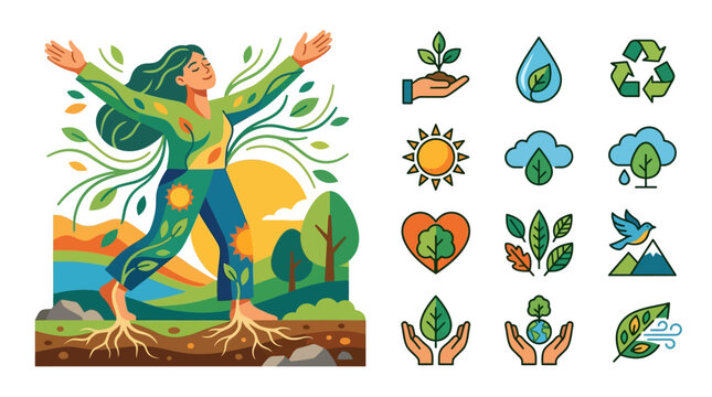 Flat vector illustration of a woman with roots growing into the earth and leaves emerging from her body, accompanied by twelve environmental sustainability and ecology icons.
