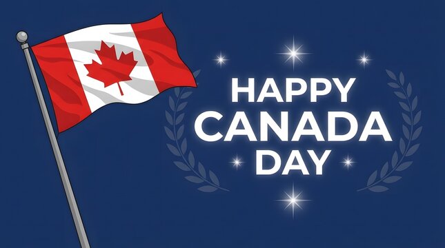 Happy Canada Day blue banner with waving flag on flagpole