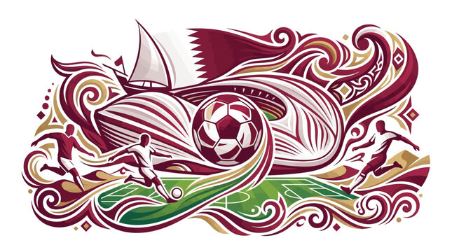 Vector illustration of soccer players and a football featuring the Qatari flag, traditional dhow boat, and abstract swirling patterns in maroon, gold, and green on white background.