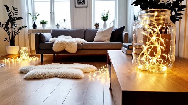 A cozy living room with warm lighting and a vase on a wooden table