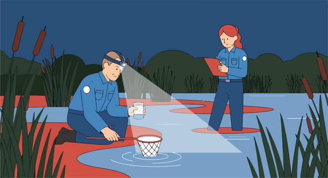 Environmental scientists conduct nocturnal water sampling and data collection in wetlands