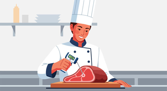 Smiling chef checking raw meat temperature with a digital thermometer on a cutting board