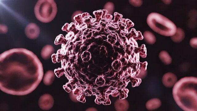 Microscopic 3D animation of a pink virus cell floating in the bloodstream alongside blurred red blood cells.