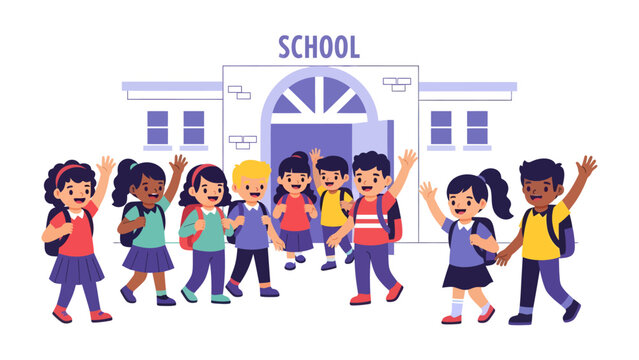 School Day Begins: A cheerful group of diverse children, laden with backpacks, wave enthusiastically as they arrive at school, eager for a day of learning and fun.