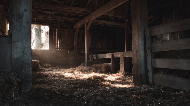 Rustic Barn Interior With Hay And Sunlight For Agriculture And Rural Concepts