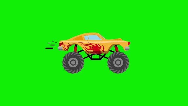Flat 2D Animation Sport SUV Yellow Car Custom to Monster Truck Moving On Green Screen-1 - Cartoon Stock Footage