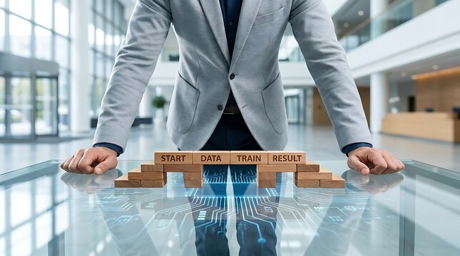 Man in suit building a wooden block bridge over digital circuits, symbolizing data training processes and machine learning workflow.