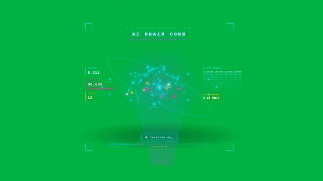 Artificial intelligence neural network brain core on green screen