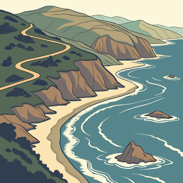 Scenic coastal landscape illustration with winding cliffside road and ocean waves, landscape pai
