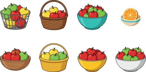 Fruit Bowl Vector Collection with Apples and Orange Illustrations, Fresh Healthy Food Designs, and Colorful Kitchen Decor Set