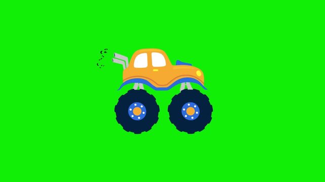 Flat 2D Animation Yellow Wagon Car Beetle Custom to Monster Truck Moving On Green Screen - Cartoon Stock Footage