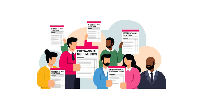 Diverse group of people holding international customs forms, illustrating global travel and bureaucratic processes.