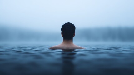 Fototapeta premium A person is seen from behind, partially submerged in calm water, surrounded by misty, serene blue surroundings creating a tranquil and contemplative atmosphere.