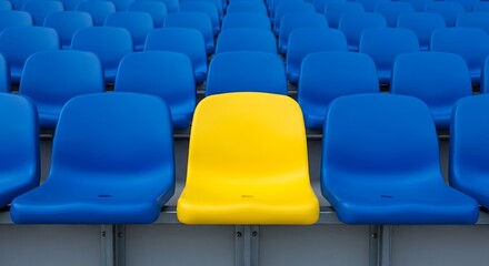 Fototapeta premium Single yellow stadium seat among blue.