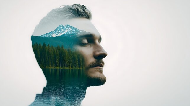 A double exposure image blending a man's serene profile with a tranquil forest, mountain, and lake landscape, symbolizing harmony between nature and human mind.