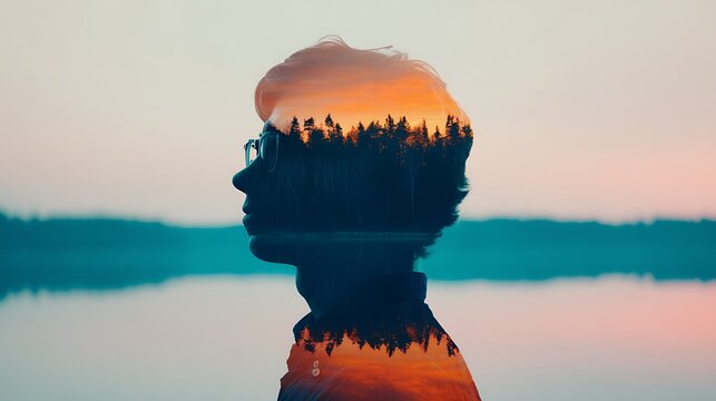 A double-exposure silhouette of a man merges with a forest landscape at sunset, blending nature and human presence by a calm lake.