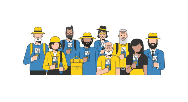 A diverse group of people holding identification cards, representing various roles and professions.